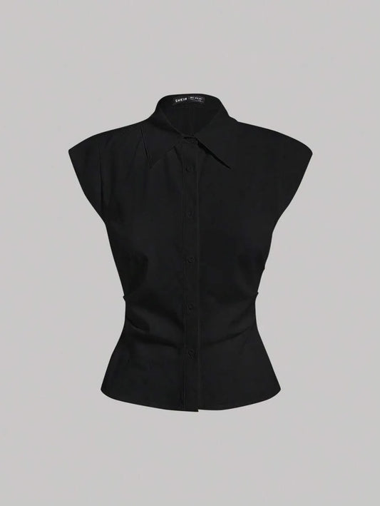 SHEIN MOD قميص نسائي ضيق بياقة وأكمام بات وينج بلون أسود