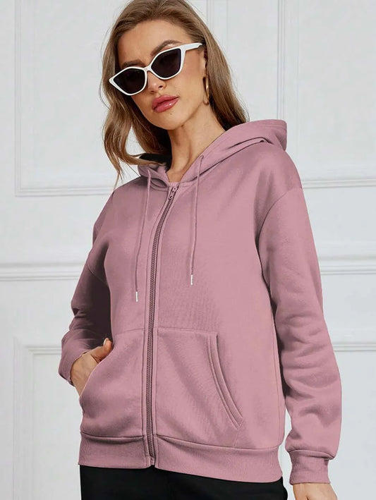 SHEIN Essnce هودي نسائي بسحاب أمامي وجيوب بلون وردي مغبر