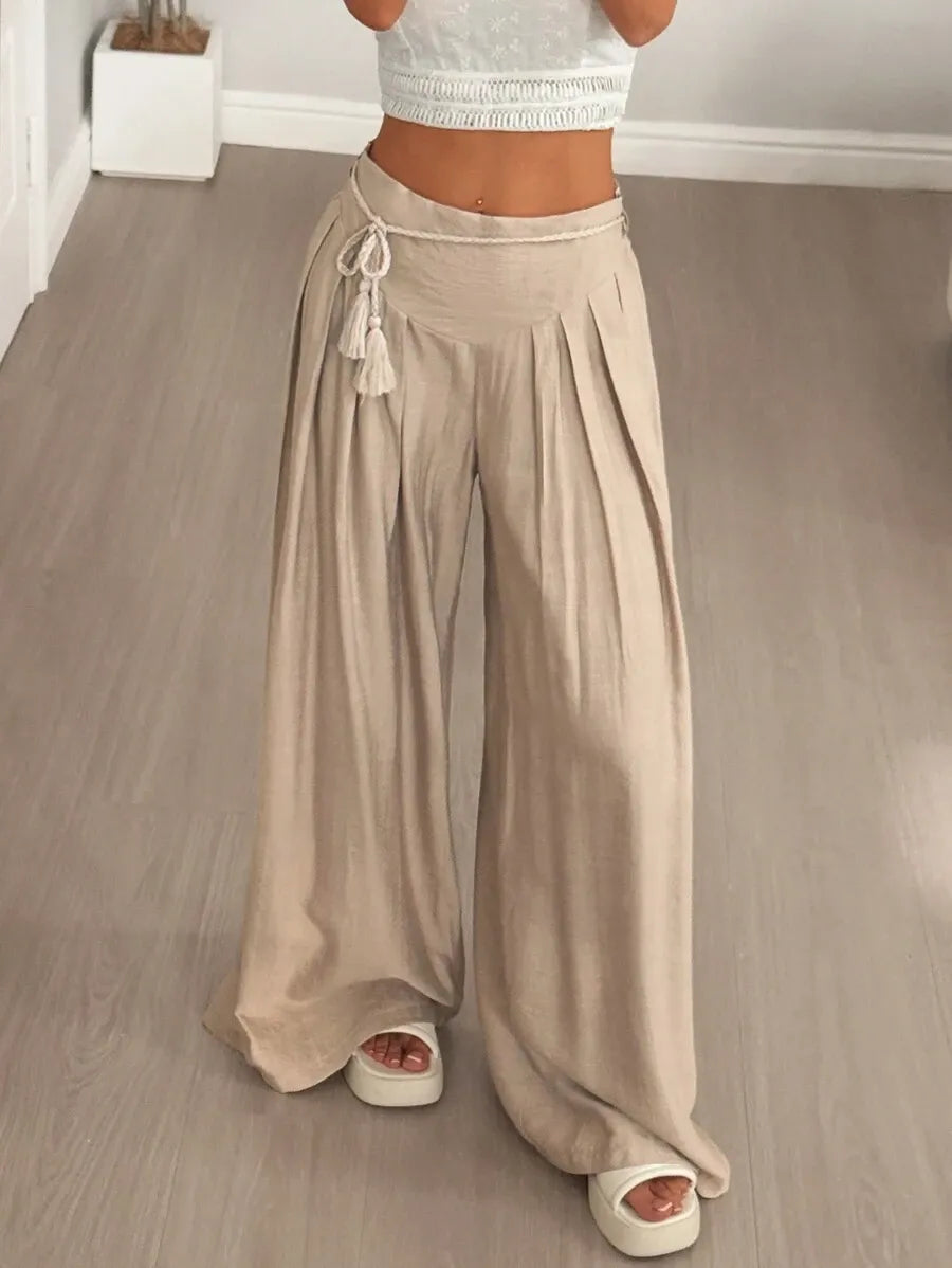 SHEIN Flirla بنطال نسائي واسع بلون كاكي بشراريب