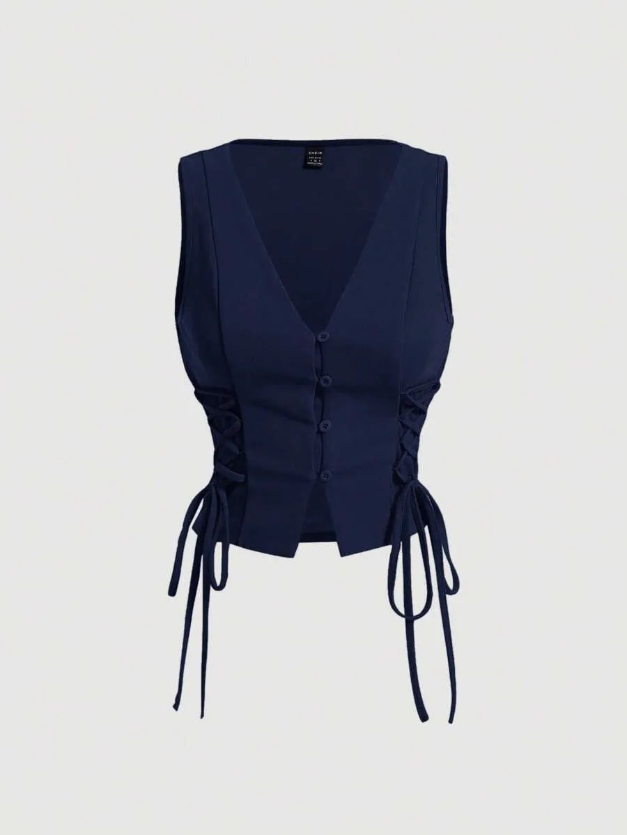 SHEIN MOD توب كروب نسائي برباط جانبي وتصميم متقاطع بلون أزرق بحري