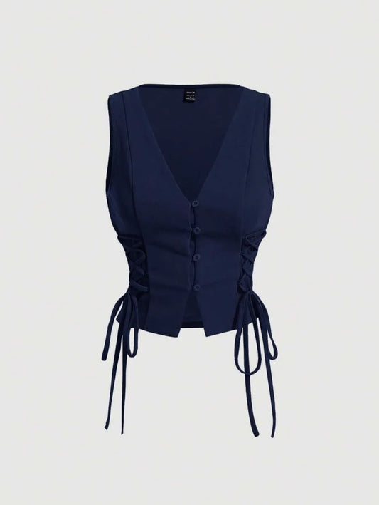 SHEIN MOD توب كروب نسائي برباط جانبي وتصميم متقاطع بلون أزرق بحري