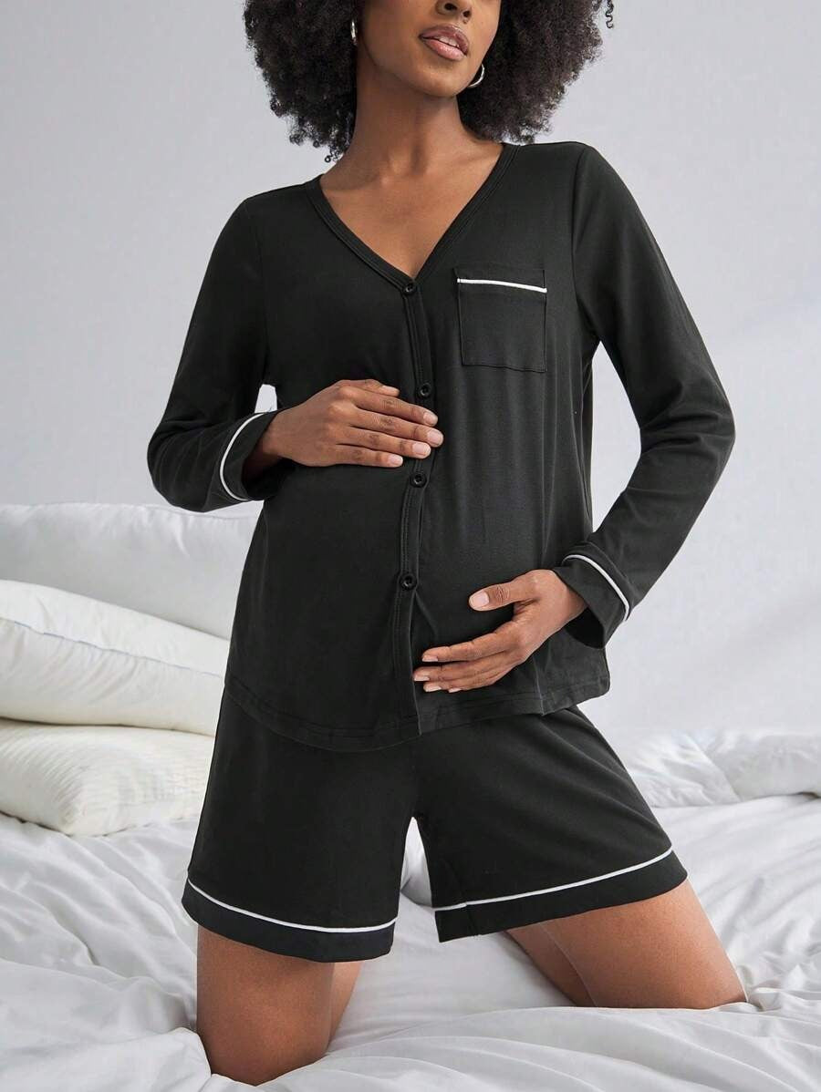 SHEIN BloomMama طقم بيجامة نسائية طويلة الأكمام بحواف دانتيل وأزرار
