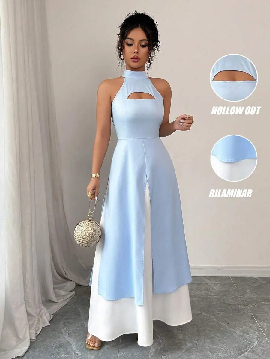 SHEIN Unity فستان بوديكون أزرق بتباين لوني وشق
