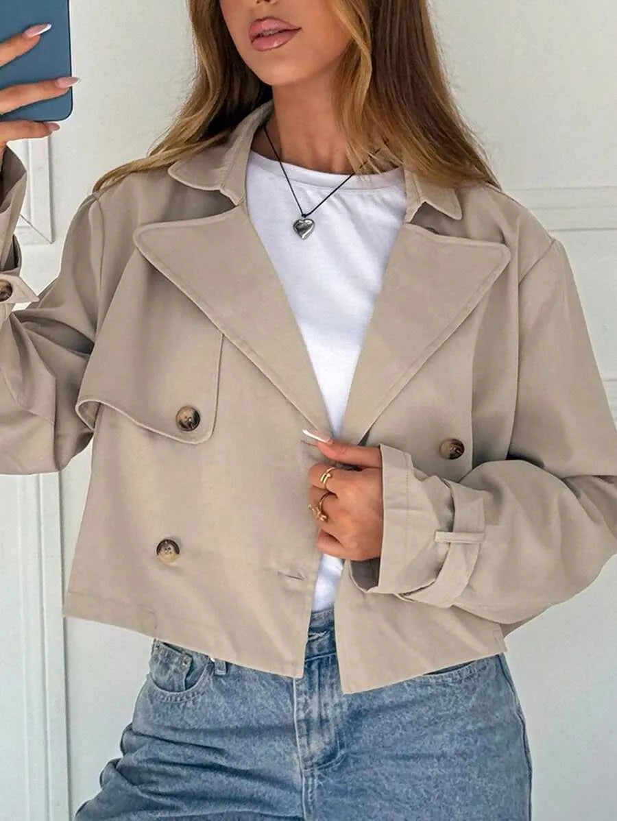 SHEIN EZwear جاكيت نسائي قصير مزدوج الأزرار كاكي