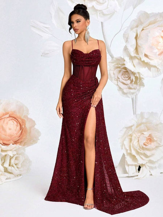 SHEIN ADYCE فستان سهرة عنابي مزين بالفصوص ولامع