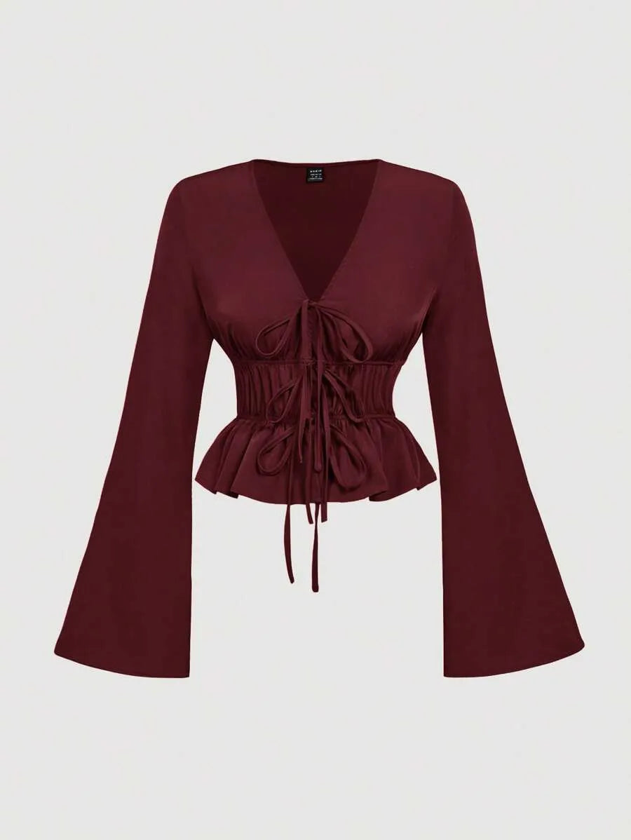 SHEIN MOD بلوزة نسائية بأكمام واسعة وربطة أمامة بلون عنابي