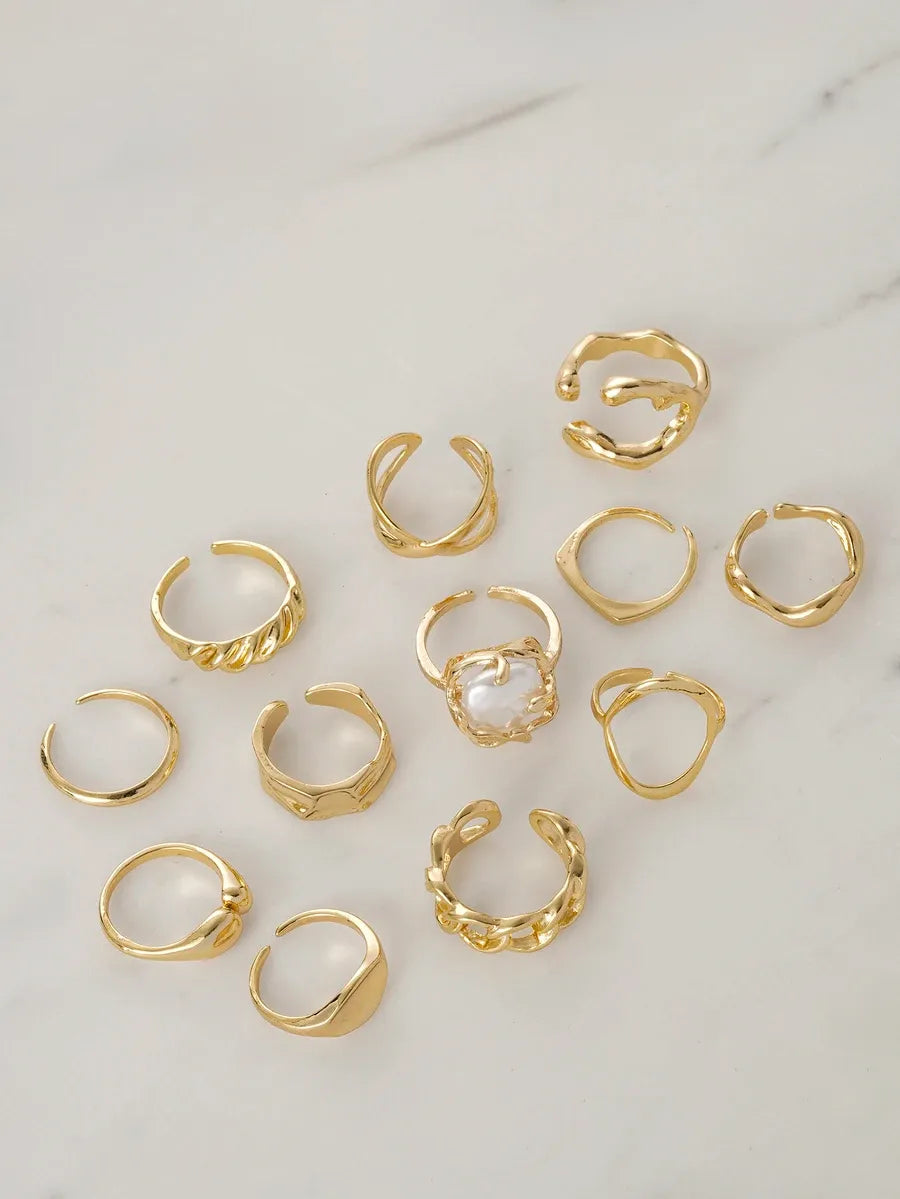 SHEIN Clariva مجموعة 12 قطعة خواتم نسائية هندسية غير متماثلة قابلة للتعديل بلون ذهبي