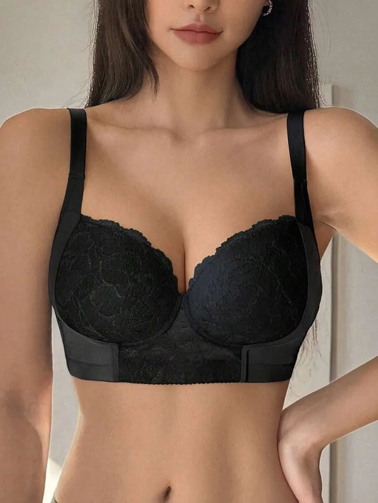 SHEIN DAZY حمالة صدر نسائية سلكية من الدانتيل بتغطية كاملة وحشوة ودعم متوسط بلون أسود