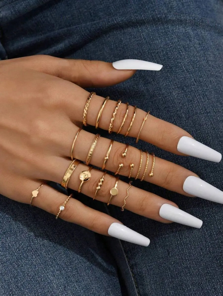 SHEIN مجموعة 17 قطعة خواتم معدنية نسائية بلون ذهبي
