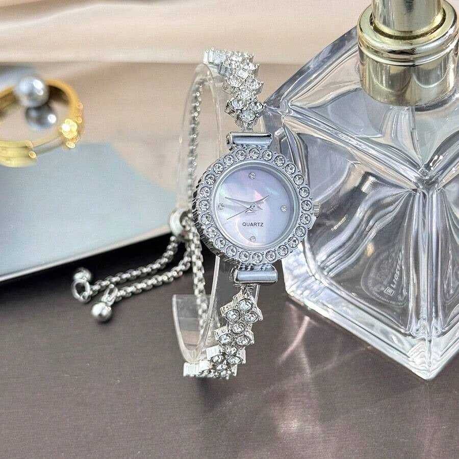 SHEIN ساعة نسائية كوارتز بسوار رقيق مرصع بالراينستون والمينا المزركشة