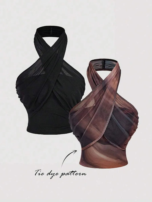 SHEIN MOD توب نسائي قطعتين بتصميم متقاطع وياقة رسن وخصر مطوي متعدد الألوان