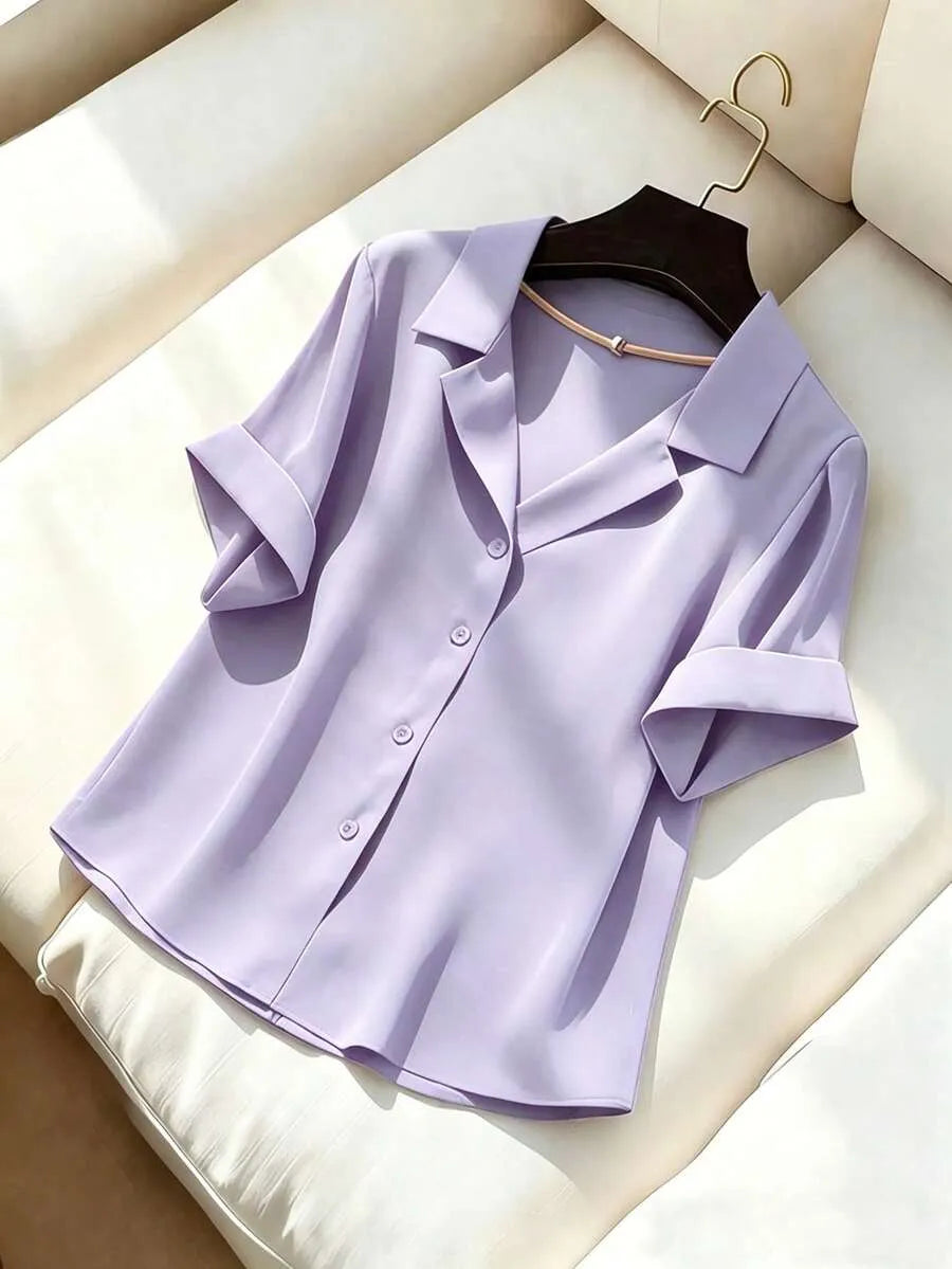 SHEIN Franclia قميص نسائي أخضر بياقة طية وأكمام قصيرة