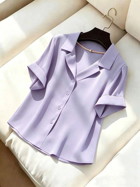 SHEIN Franclia قميص نسائي أخضر بياقة طية وأكمام قصيرة