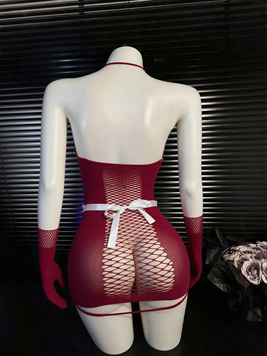 SHEIN طقم لانجري نسائي 4 قطع بتصميم شبكي وشفاف بلون عنابي