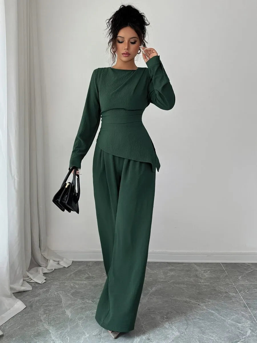 SHEIN Raffinéa طقم نسائي قطعتين تي شيرت بأزرار وبنطال طويل بلون أخضر داكن