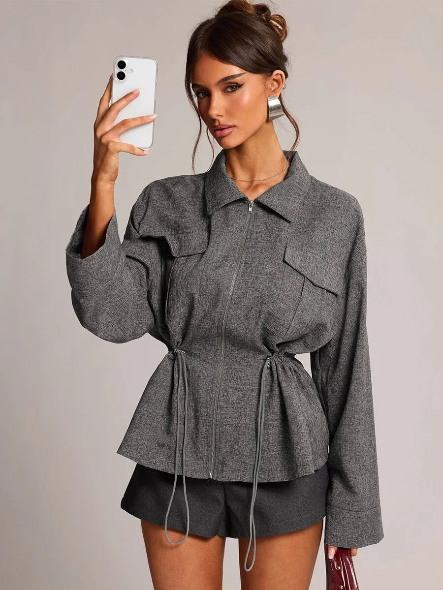 SHEIN BAE جاكيت نسائي انيق بسحاب وخصر مطاطي