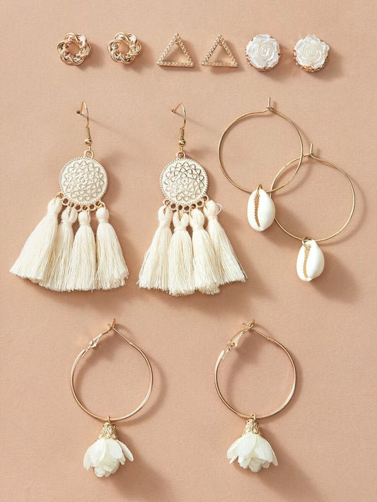 SHEIN مجموعة من 6 أزواج أقراط بتصميم  بوهيمي مزينة بزهور وصدف