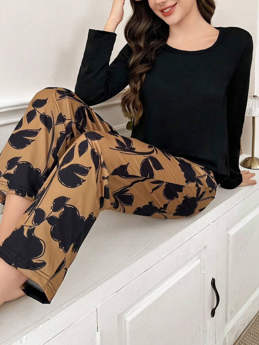 SHEIN طقم بيجامة 2 قطعة بأكمام طويلة وبنطال مطبوع