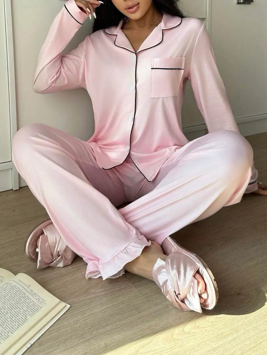 SHEIN SweetSlumber طقم بيجامة قطعتين بياقة قصيرة وأزرار أمامية وأكمام طويلة بلون وردي مغبر