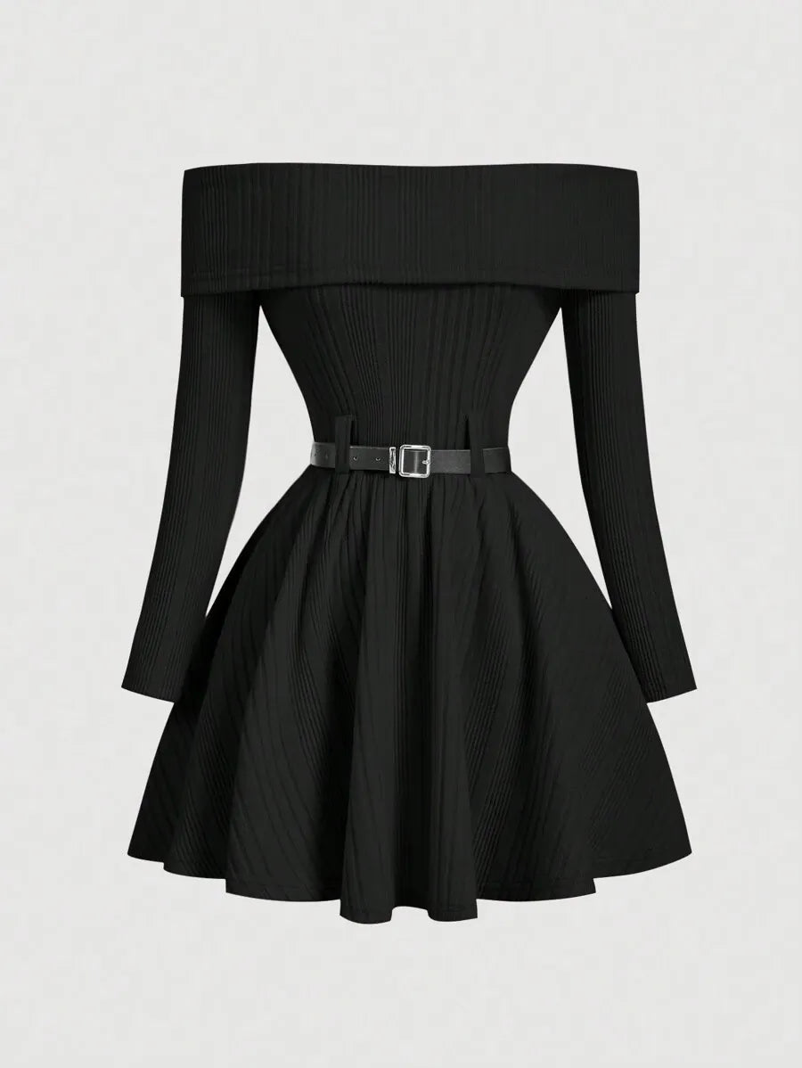 SHEIN MOD فستان نسائي بكتف مكشوف وحزام خصر بلون أسود