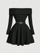 SHEIN MOD فستان نسائي بكتف مكشوف وحزام خصر بلون أسود