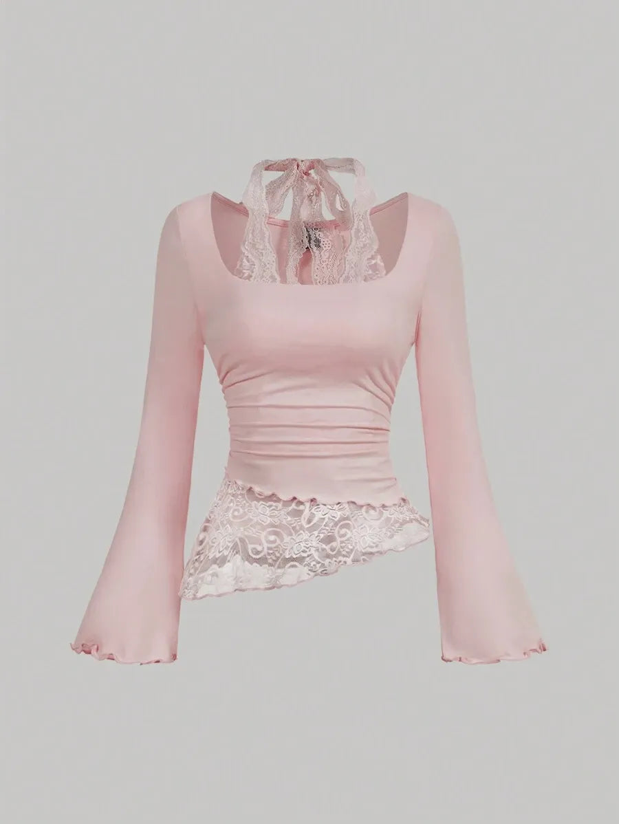 SHEIN MOD تي شيرت نسائي محبوك بأكمام طويلة وياقة مربعة وحافة دانتيل بلون وردي