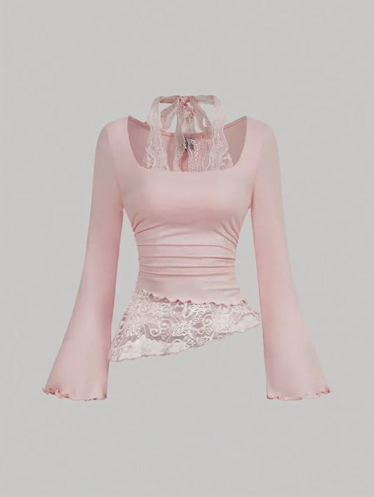 SHEIN MOD تي شيرت نسائي محبوك بأكمام طويلة وياقة مربعة وحافة دانتيل بلون وردي