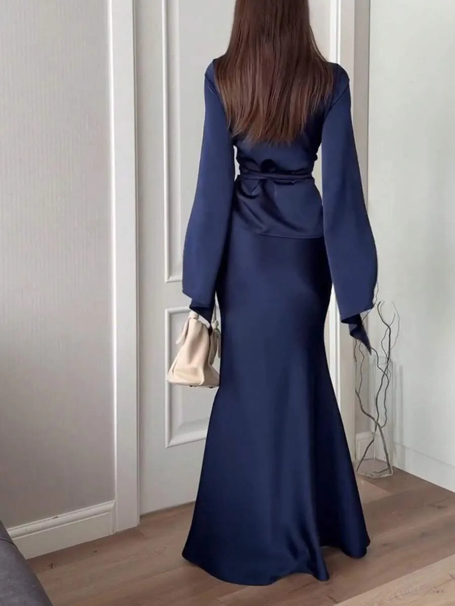 SHEIN طقم نسائي قطعتين بلوزة بياقة وتنورة طويلة برباط خصر بلون أزرق بحري