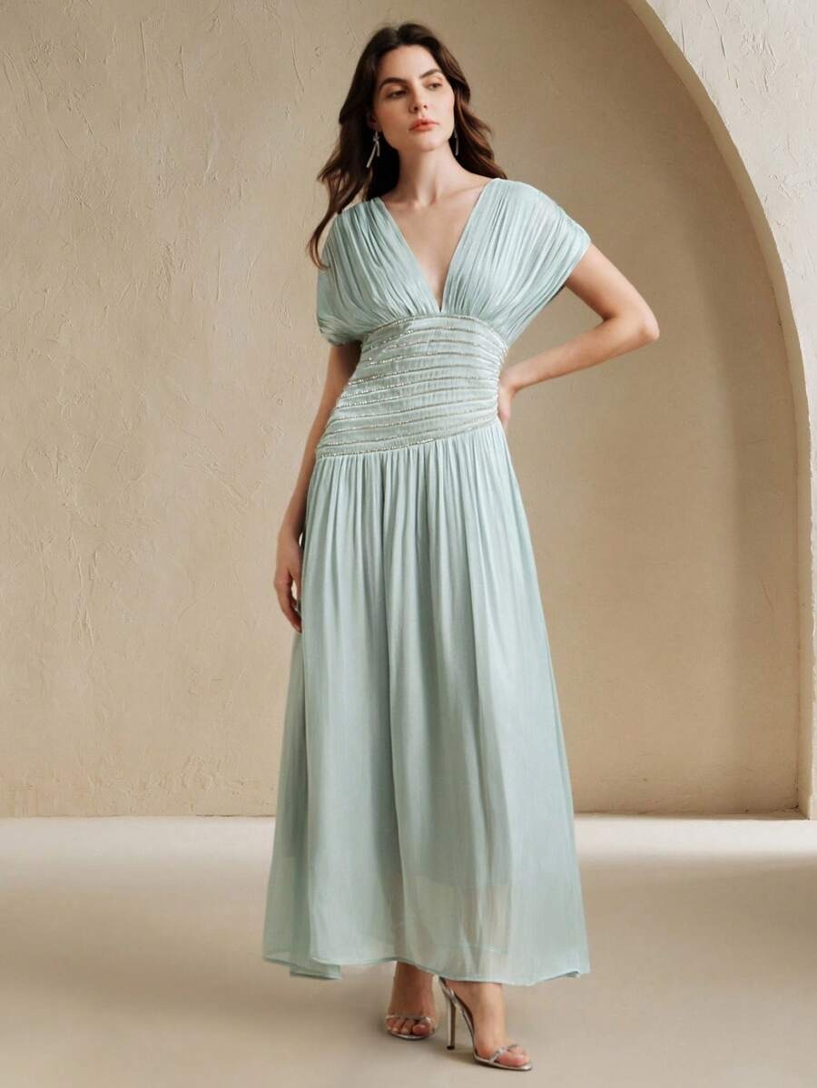 SHEIN Anewsta فستان طويل أزرق فاتح مزخرف بالخرز