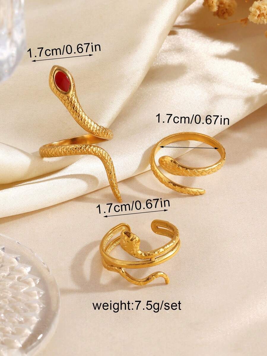 SHEIN طقم 3 خواتم ستانلس ستيل بتصميم ثعبان أنيق