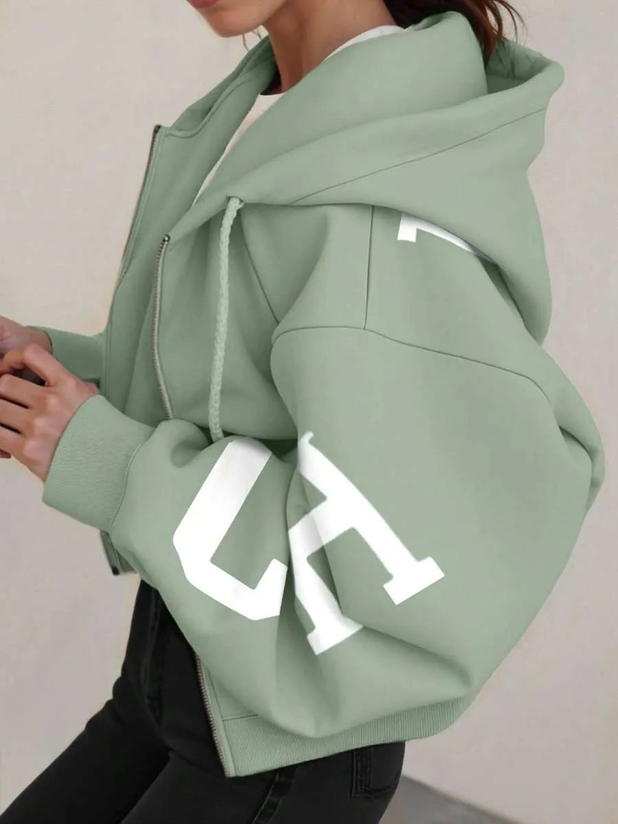 SHEIN INAWLY هودي فضفاض بسحاب وجيب بلون أخضر نعناع