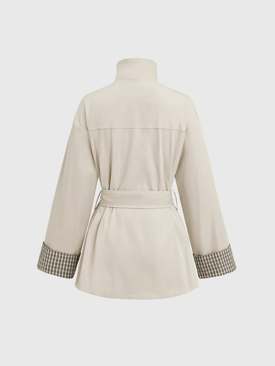 SHEIN Sweetra معطف ترنش قصير بمربعات وخصر مشدود