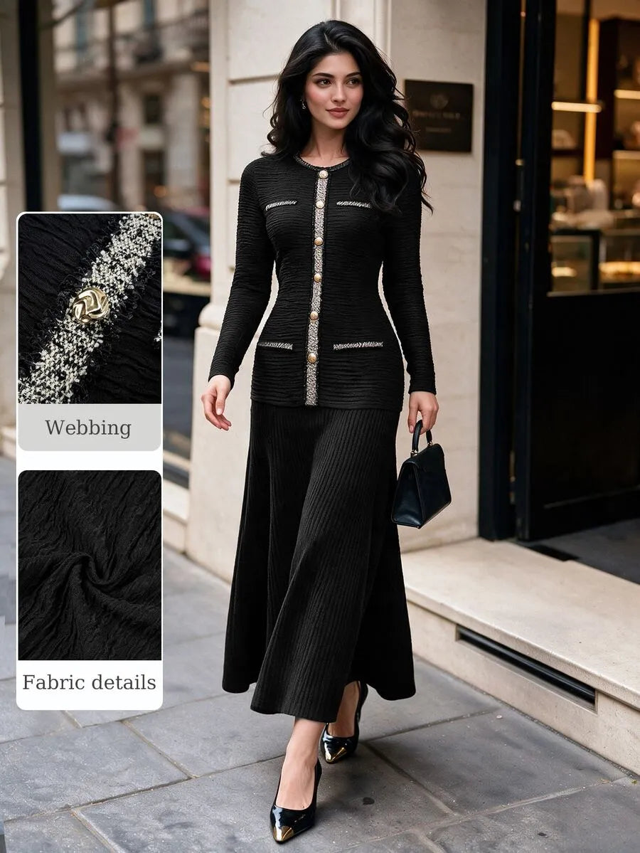 SHEIN Modelyn فستان طويل بياقة دائرية وأكمام طويلة وقصة ضيقة بتطريز بلون الأسود