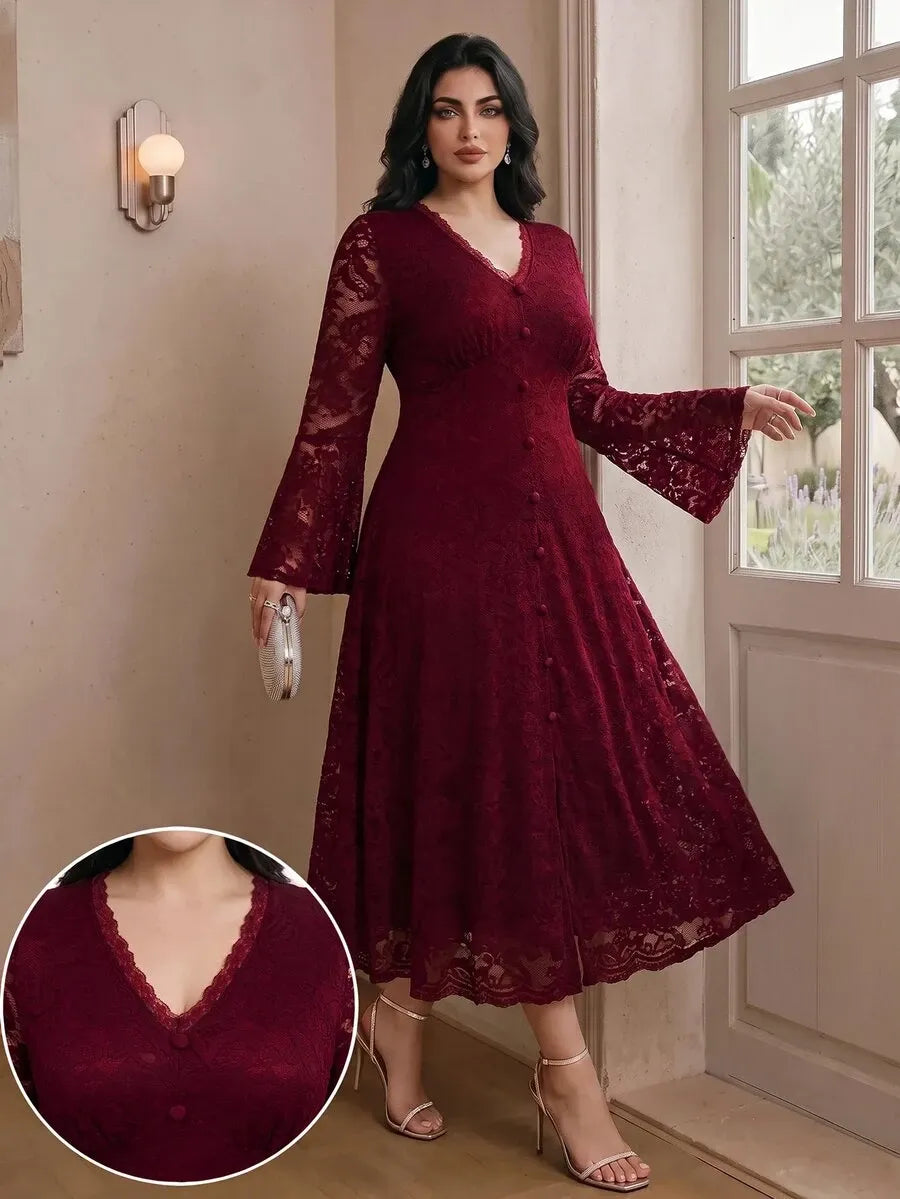 SHEIN Modelyn فستان نسائي طويل من الدانتيل بياقة وأكمام جرس وشق جانبي بلون عنابي