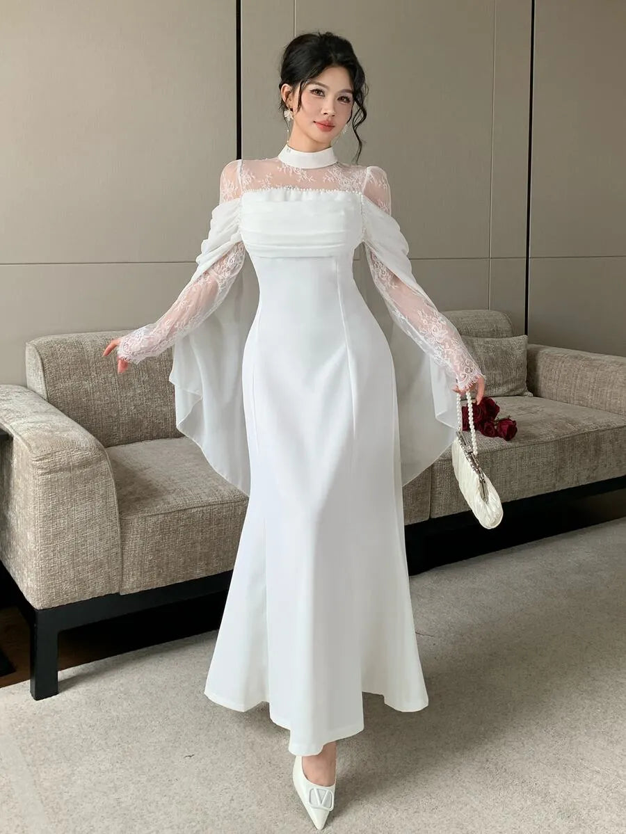SHEIN Modelyn فستان طويل من الدانتيل بياقة واقفة وأكمام واسعة وخصر مرتفع بلون أبيض