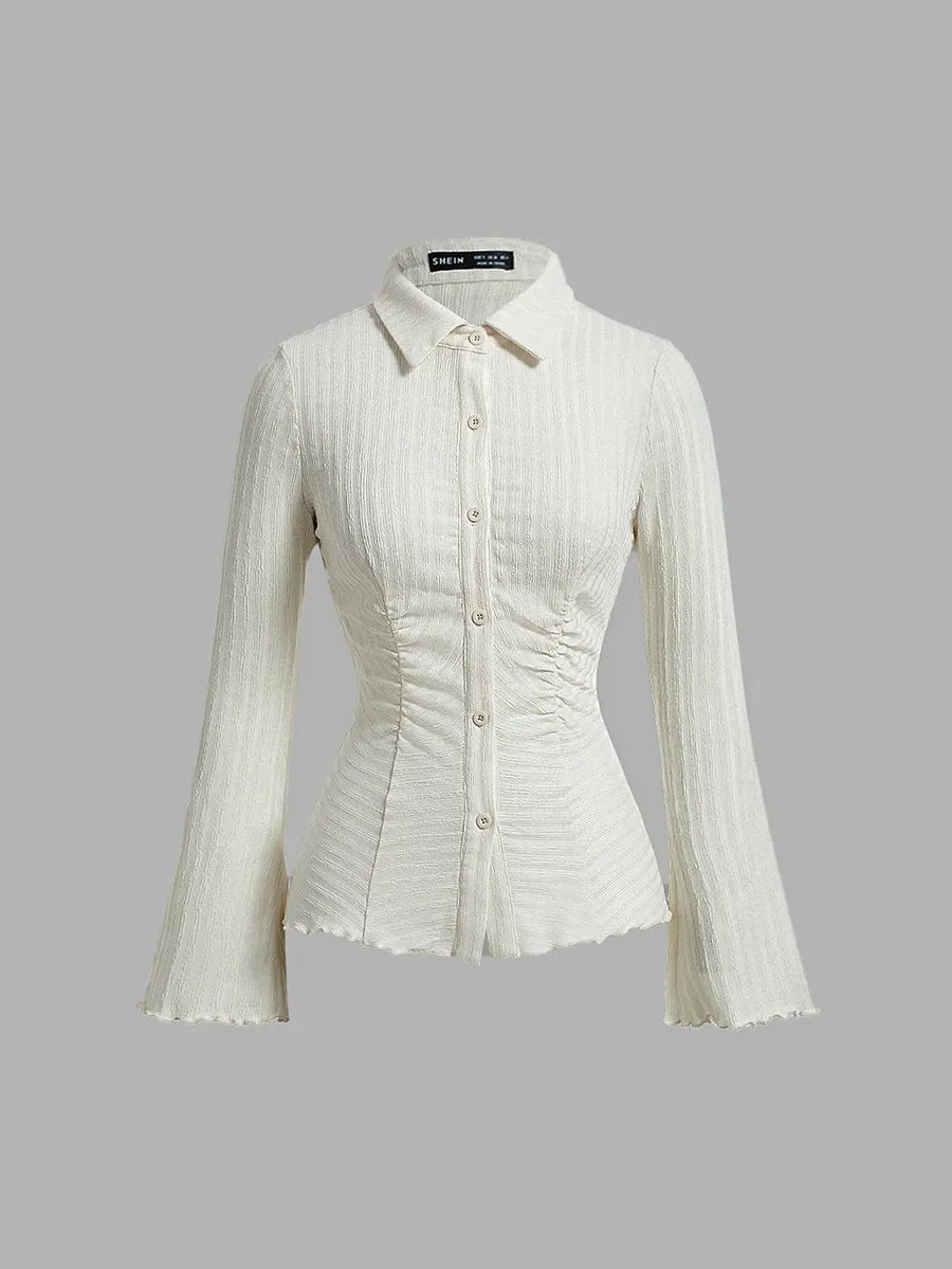 SHEIN MOD قميص نسائي بياقة وأكمام جرسية مجمعة وزخرفة نباتية بلون مشمشي