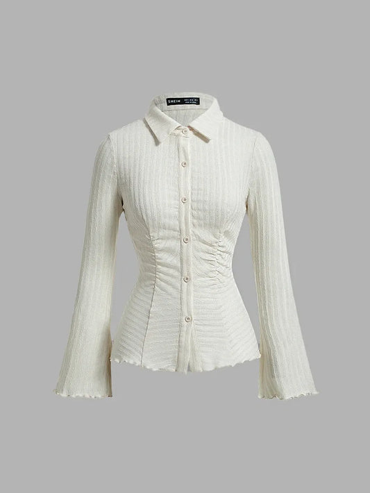 SHEIN MOD قميص نسائي بياقة وأكمام جرسية مجمعة وزخرفة نباتية بلون مشمشي