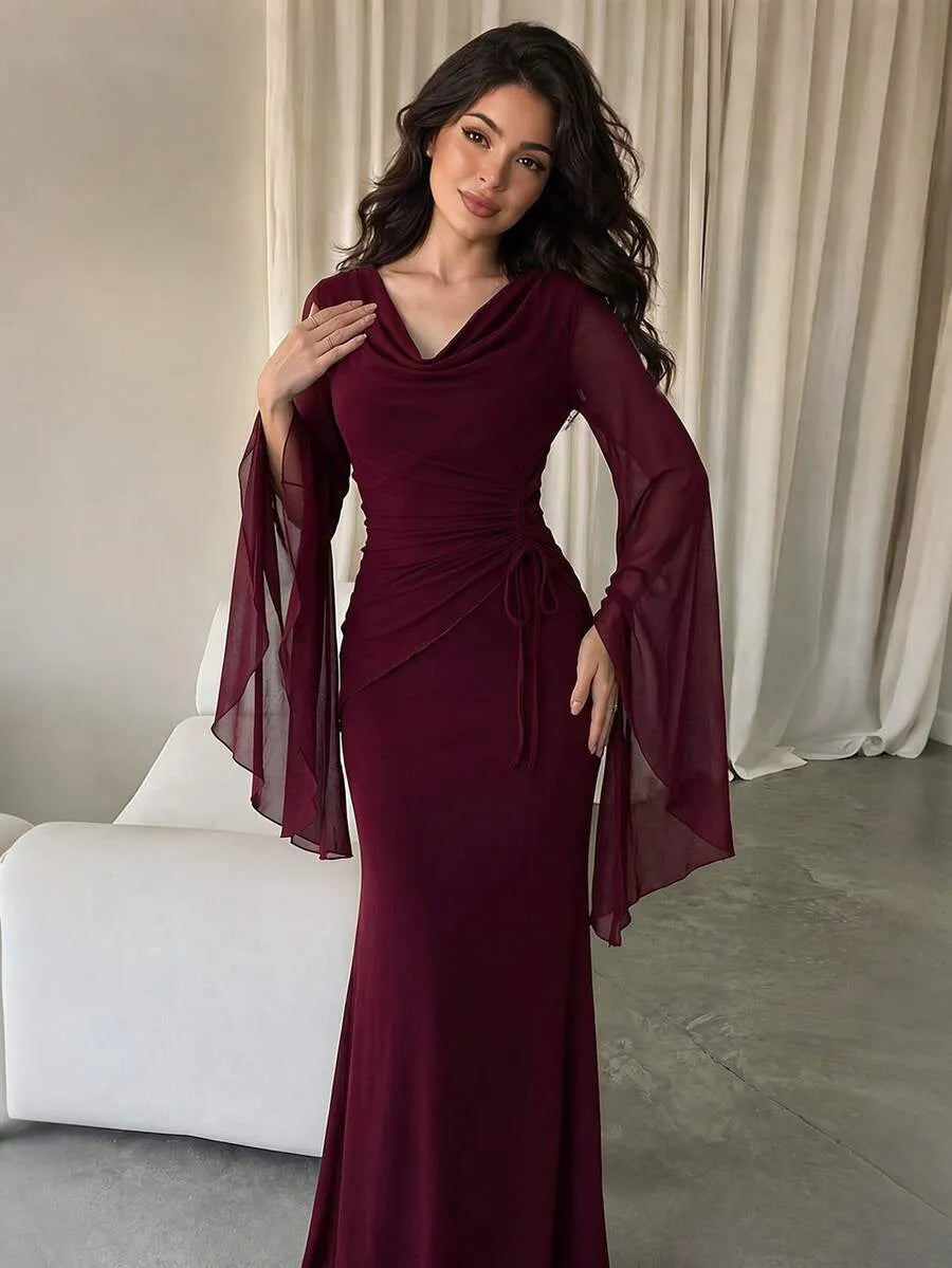 SHEIN Modelyn فستان ماكسي بياقة ملفوفة وأكمام واسعة ورباط جانبي وذيل حورية البحر بلون عنابي