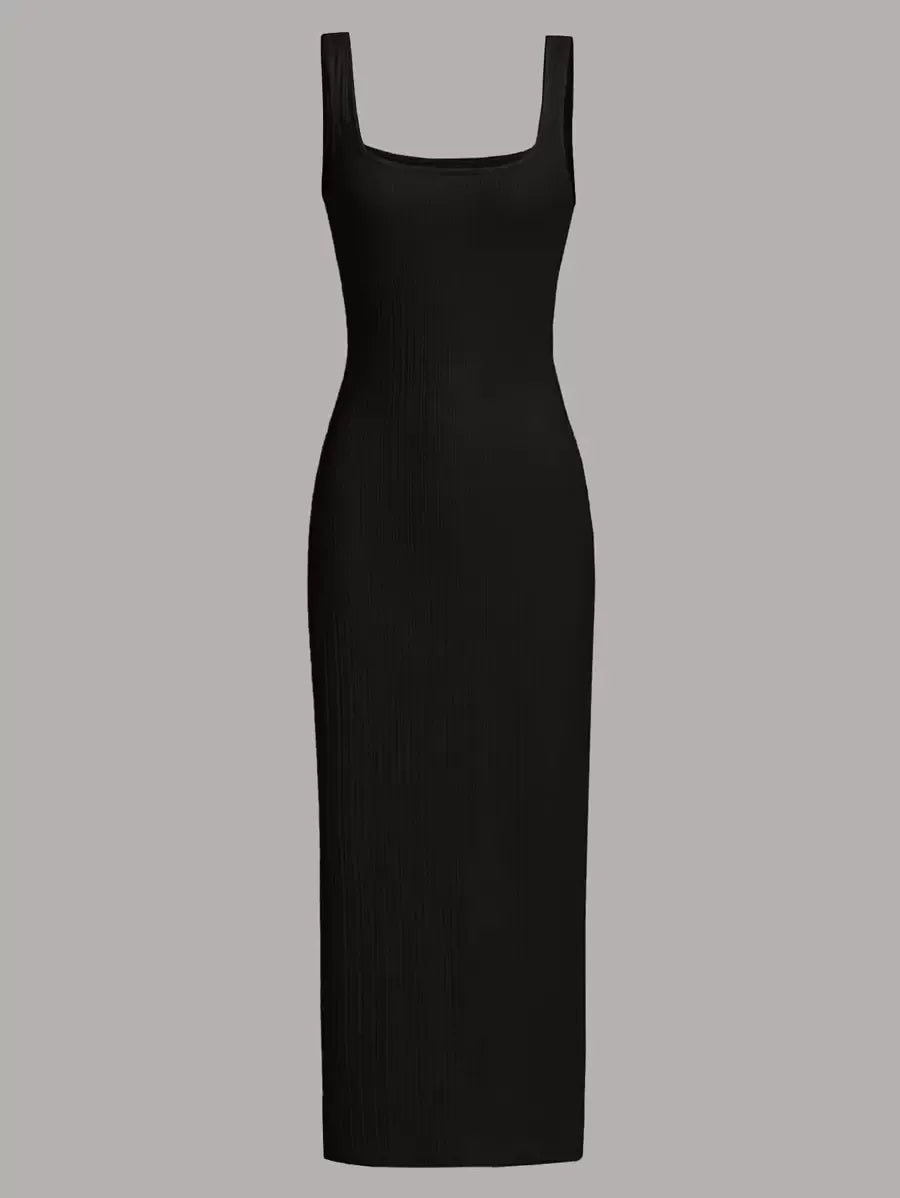 SHEIN MOD فستان نسائي محبوك بياقة مربعة بلون أسود