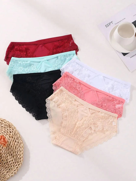 SHEIN سراويل داخلية نسائية من 6 قطع بالدانتيل وخصر منخفض ومتعدد الألوان