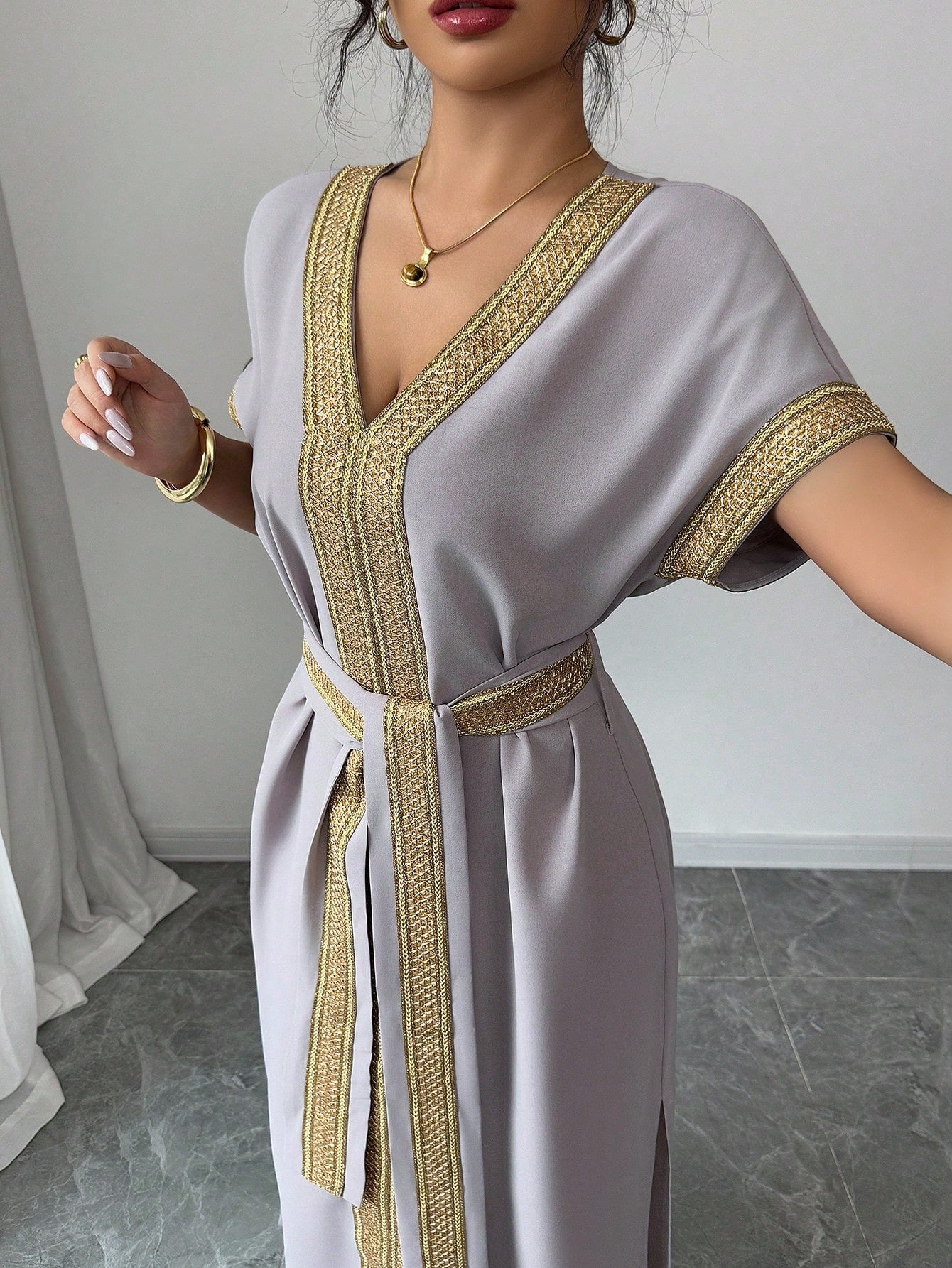 SHEIN Breezaya فستان نسائي فضفاض بخصر مرن ذهبي