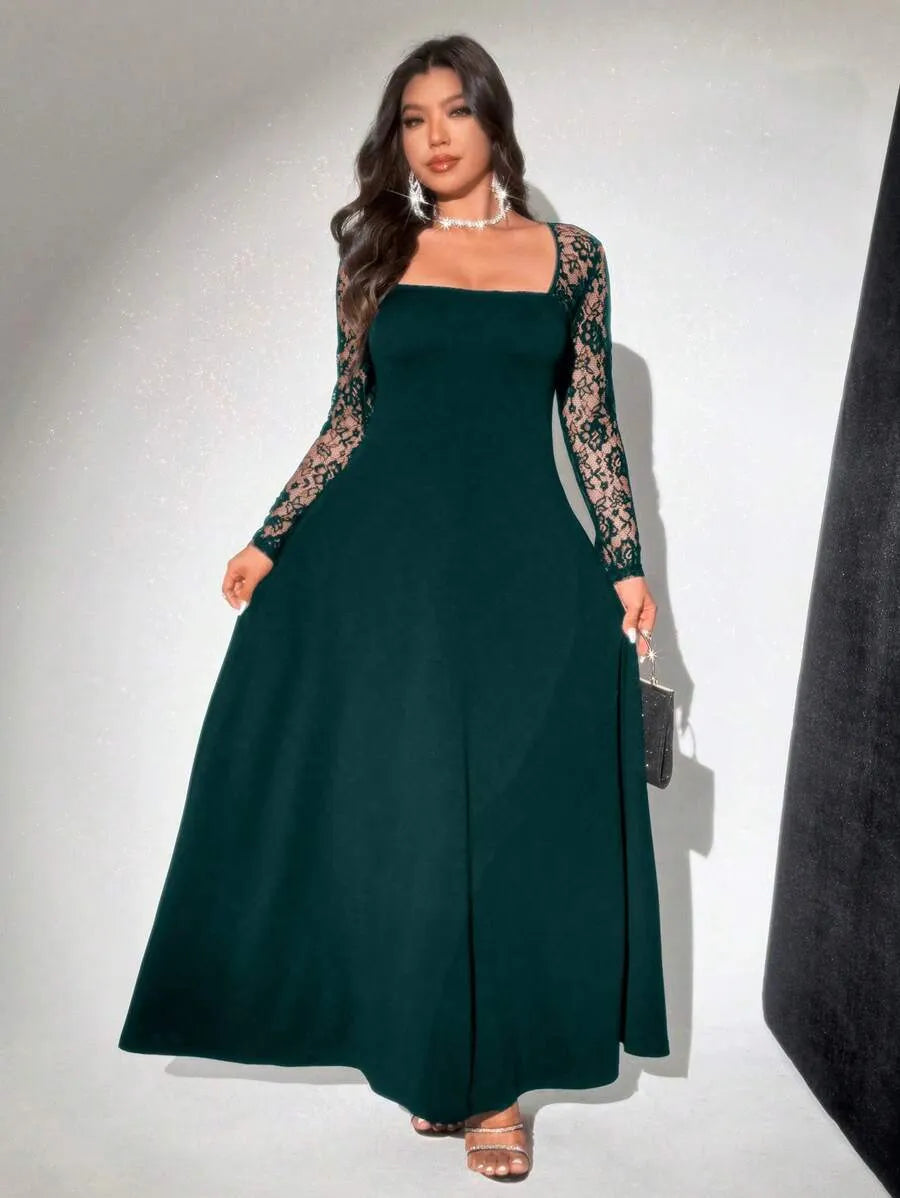 SHEIN Viva Relle فستان نسائي بياقة مربعة ونقشة زهور بلون أخضر داكن