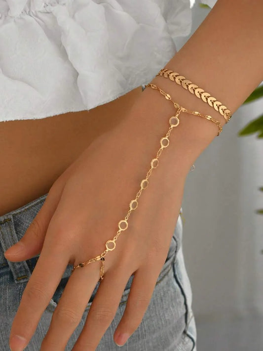 SHEIN أساور معدنية ذهبية على شكل عظم السمك مع خرز بلوري قطعتان