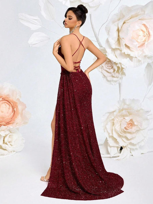 SHEIN ADYCE فستان سهرة عنابي مزين بالفصوص ولامع