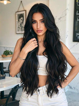 SHEIN باروكة شعر أسود طويلة 28 بوصة مموج وكيرلي مقاومة للحرارة