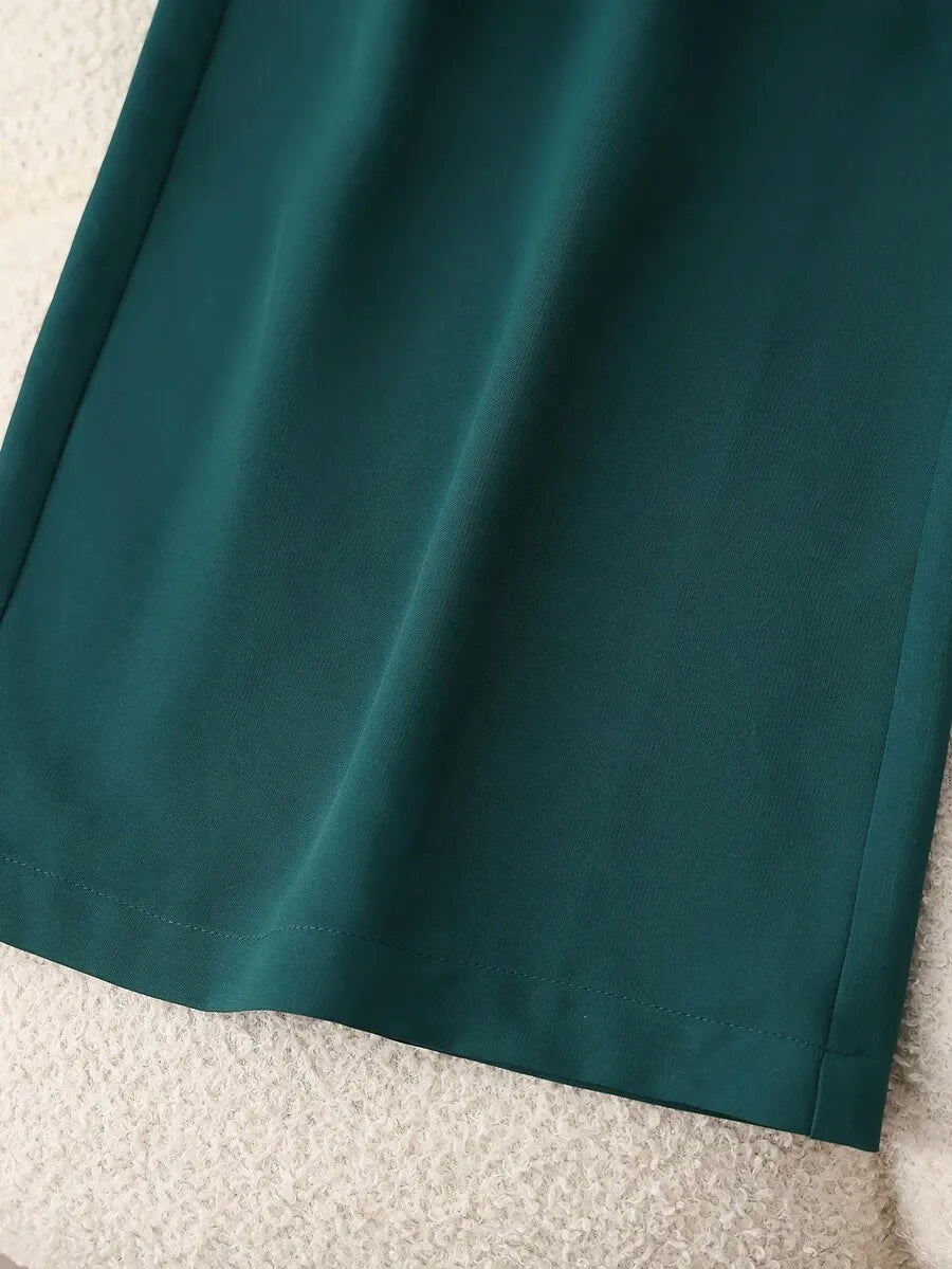 SHEIN GlowEve جمبسوت نسائي بخصر عالٍ وحزام وساق واسعة بجيوب بلون أخضر داكن