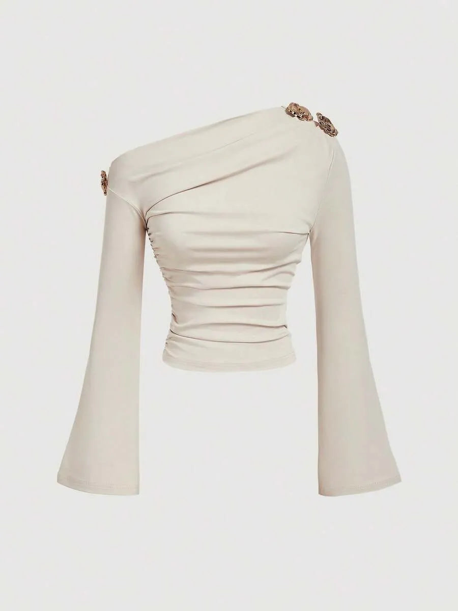 SHEIN MOD توب نسائي بكتف مكشوف وأكمام واسعة بلون مشمشي