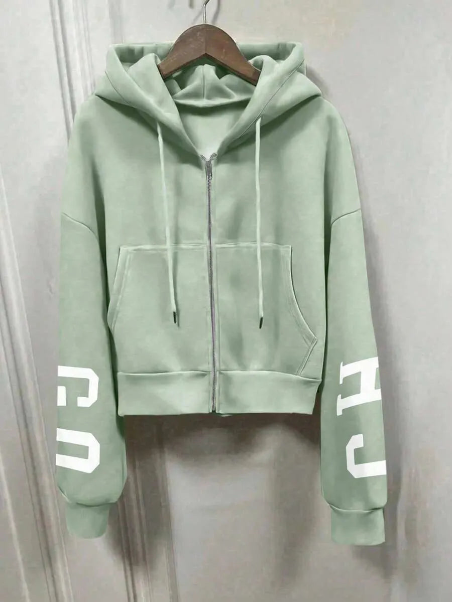 SHEIN INAWLY هودي فضفاض بسحاب وجيب بلون أخضر نعناع