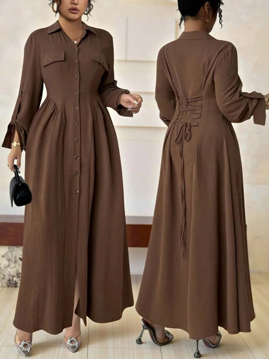SHEIN Roveilla فستان نسائي بقميص وأزرار أمامية بلون بني