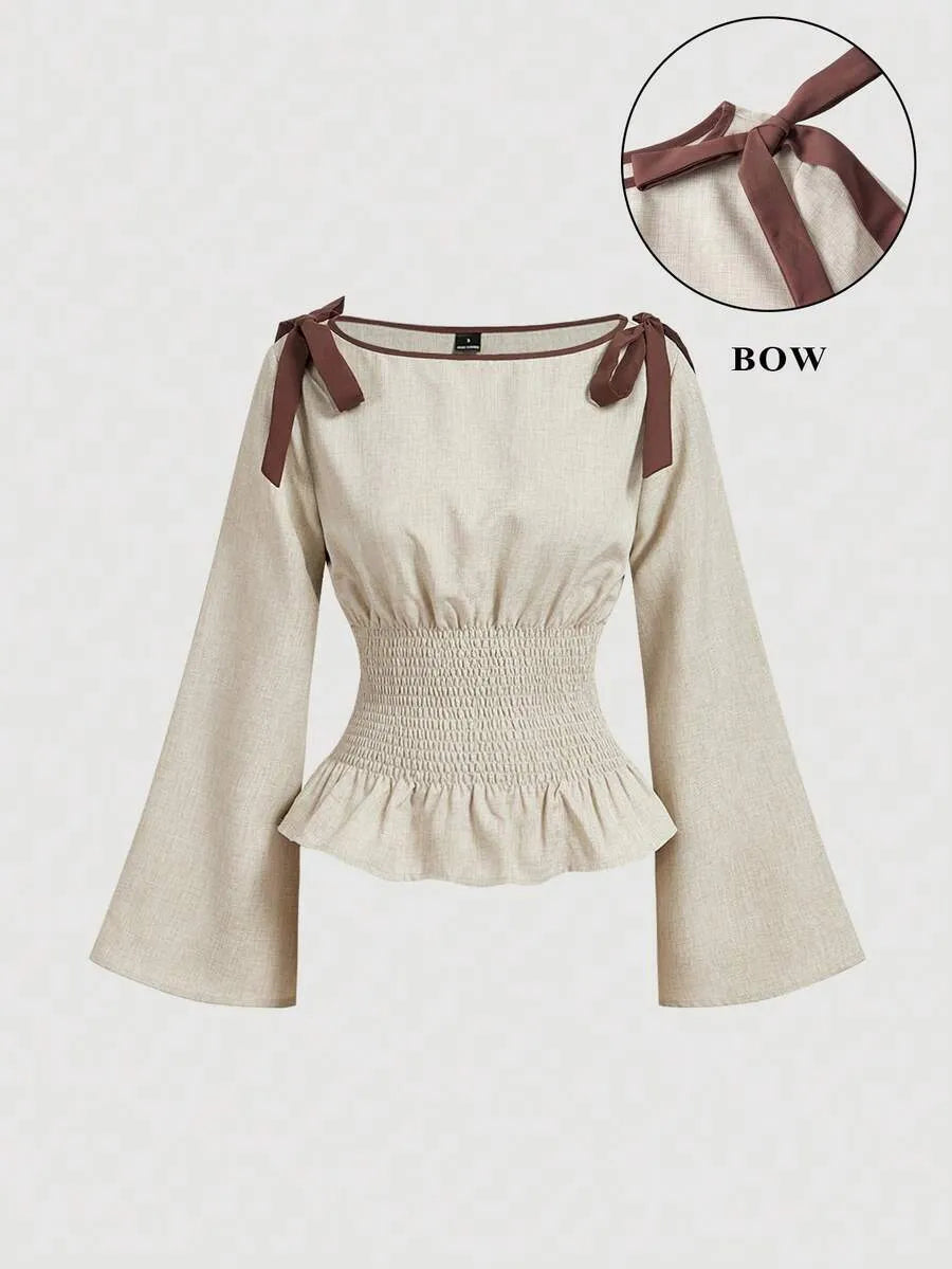 SHEIN MOD بلوزة نسائية أنيقة بأكمام واسعة وربطة عنق وتفاصيل كشكش بلون كاكي